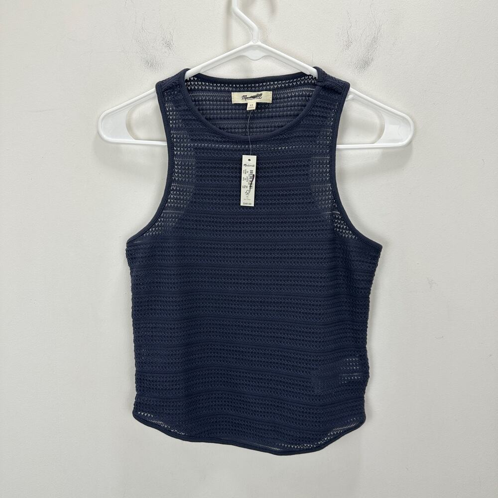 Madewell Crochet Knit Cutaway Tank Cropped Cotton Blend Ink Blue XS NWT - Picture 3 of 9